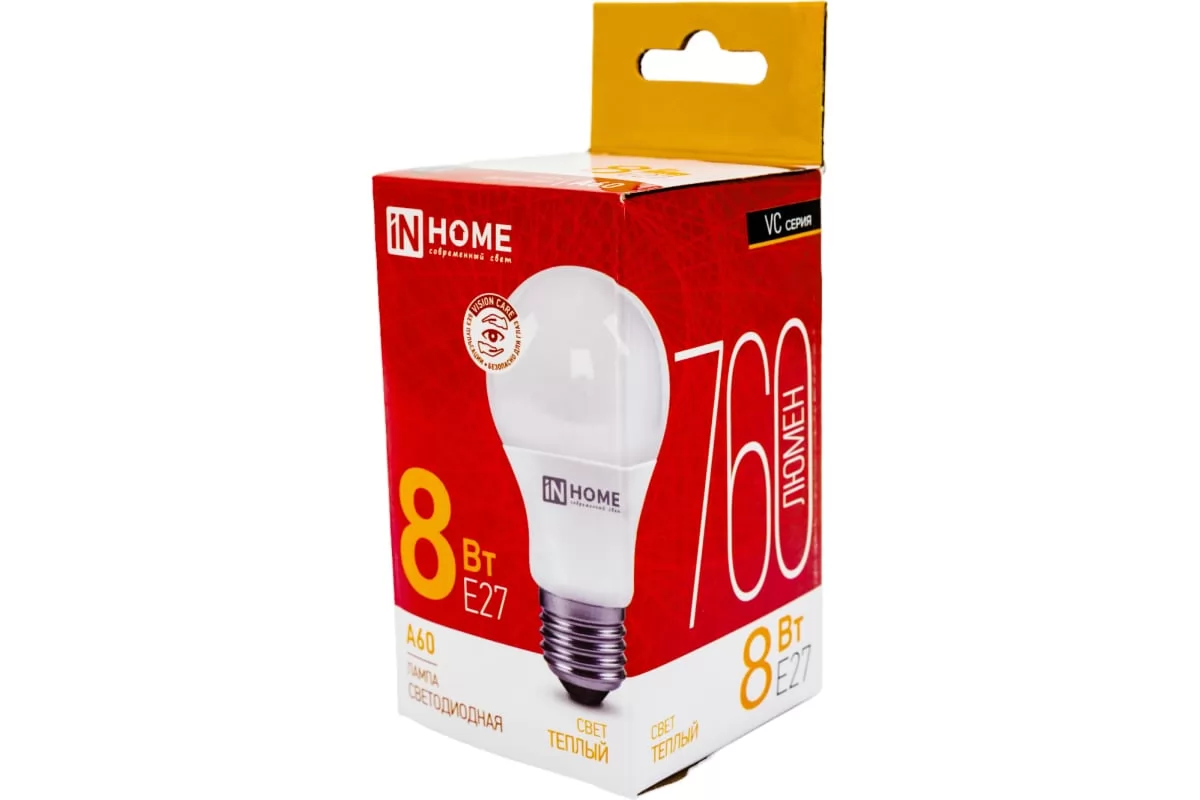 Светодиодная лампа IN HOME LED-A60-VC 8Вт 230В Е27 3000К 760Лм 4690612024004