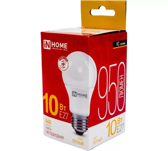 Светодиодная лампа IN HOME LED-A60-VC 10Вт 230В Е27 3000К 950Лм 4690612020204