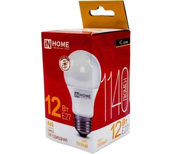 Светодиодная лампа IN HOME LED-A60-VC 12Вт 230В Е27 3000К 1140Лм 4690612020235