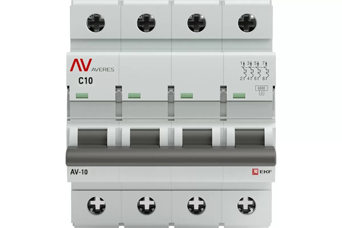 Автоматический выключатель EKF AV-6, 4P, 10A, 6kA, AVERES mcb6-4-10C-av