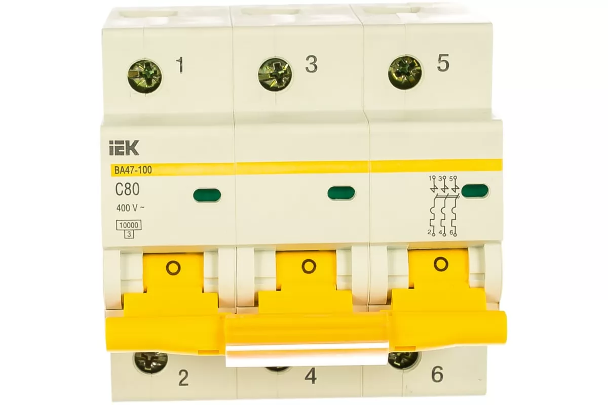 Автоматический модульный выключатель IEK 3п C 80А ВА 47-100 10кА ИЭК MVA40-3-080-C
