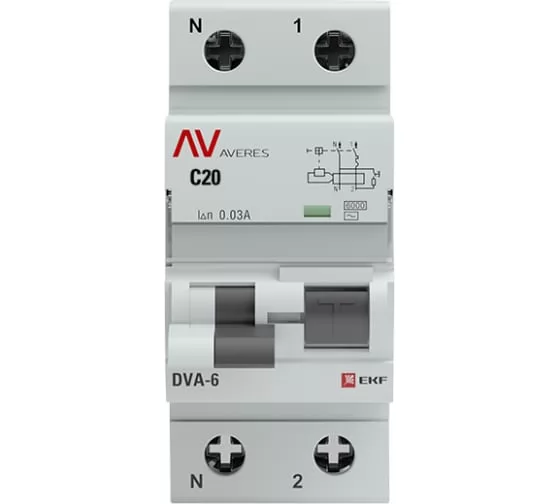 Дифференциальный автомат EKF DVA-6, 1P+N, 20А, 30мА, 6кА, AVERES SQ rcbo6-1pn-20C-30-ac-av