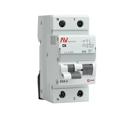 Дифференциальный автомат EKF DVA-6, 1P+N, 6А, 30мА, 6кА, AVERES, SQ rcbo6-1pn-6C-30-ac-av