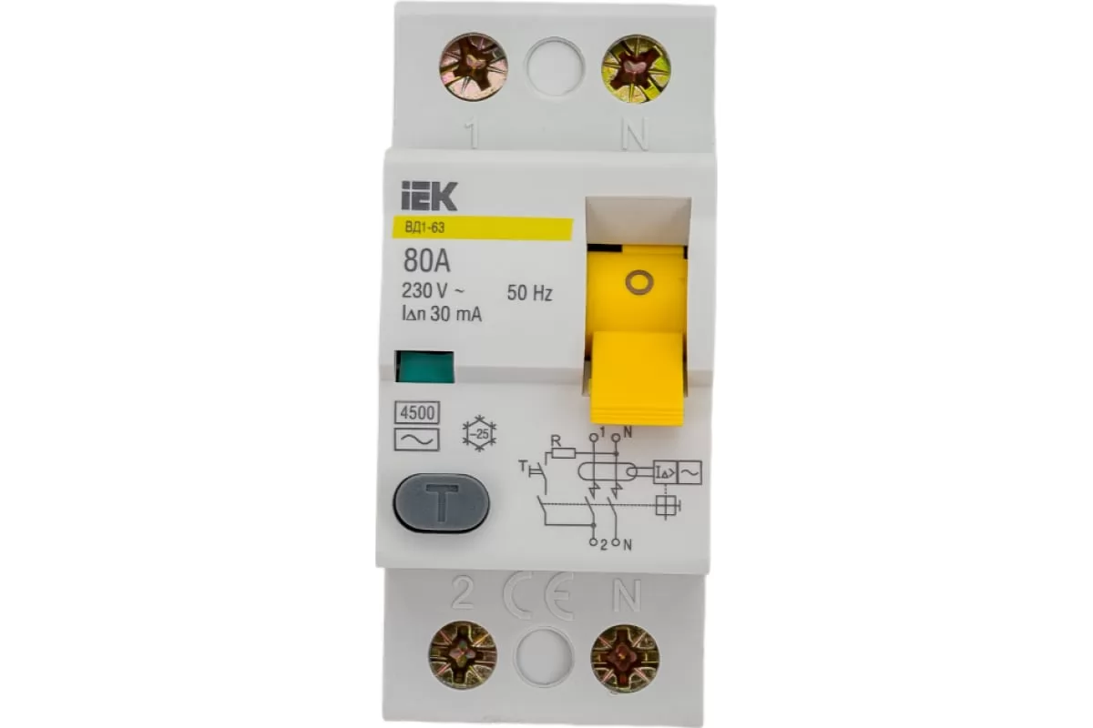 Дифференциальный выключатель IEK, УЗО, 2п, 80А, 30мА, ВД1-63, АС, MDV10-2-080-030