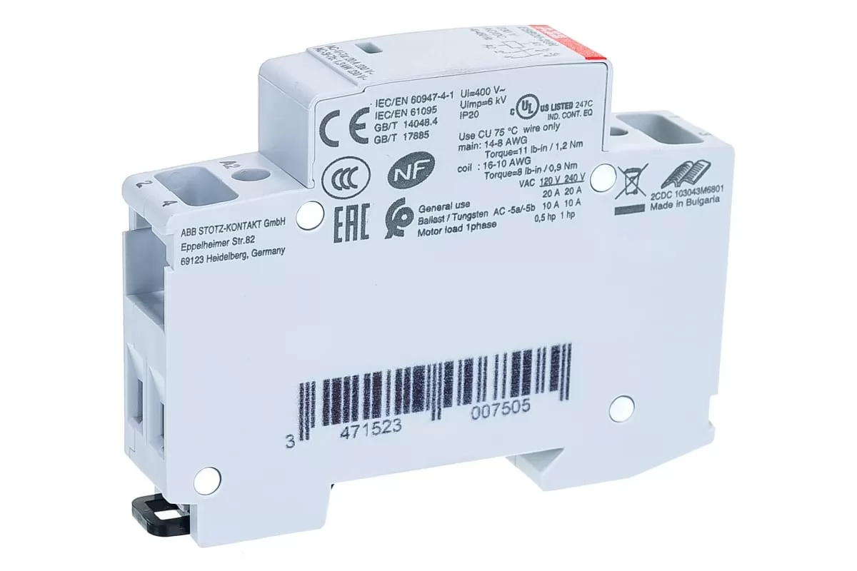 Контактор ABB ESB20-20N-06 модульный 20А АС-1, 2НО, катушка 230В AC/DC 1SBE121111R0620